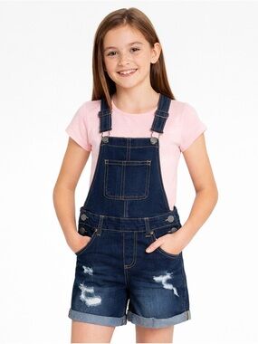 Vigoss Girls Denim Shortalls Set 9/10 Distressed Overalls Pink Tee NWT